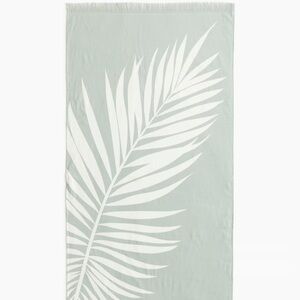 Sage Green Beach Towel with White Palm Leaf Print fringe 31”x65”